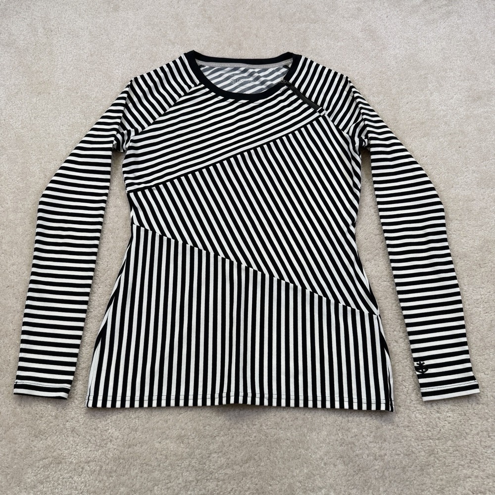 Coolibar Mitered Striped Rash Guard Womens XS Black White Long Sleeve Swim Shirt